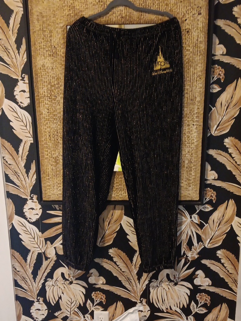 Disney Black Joggers with Gold Sparkle Pinstripes and Gold Logo